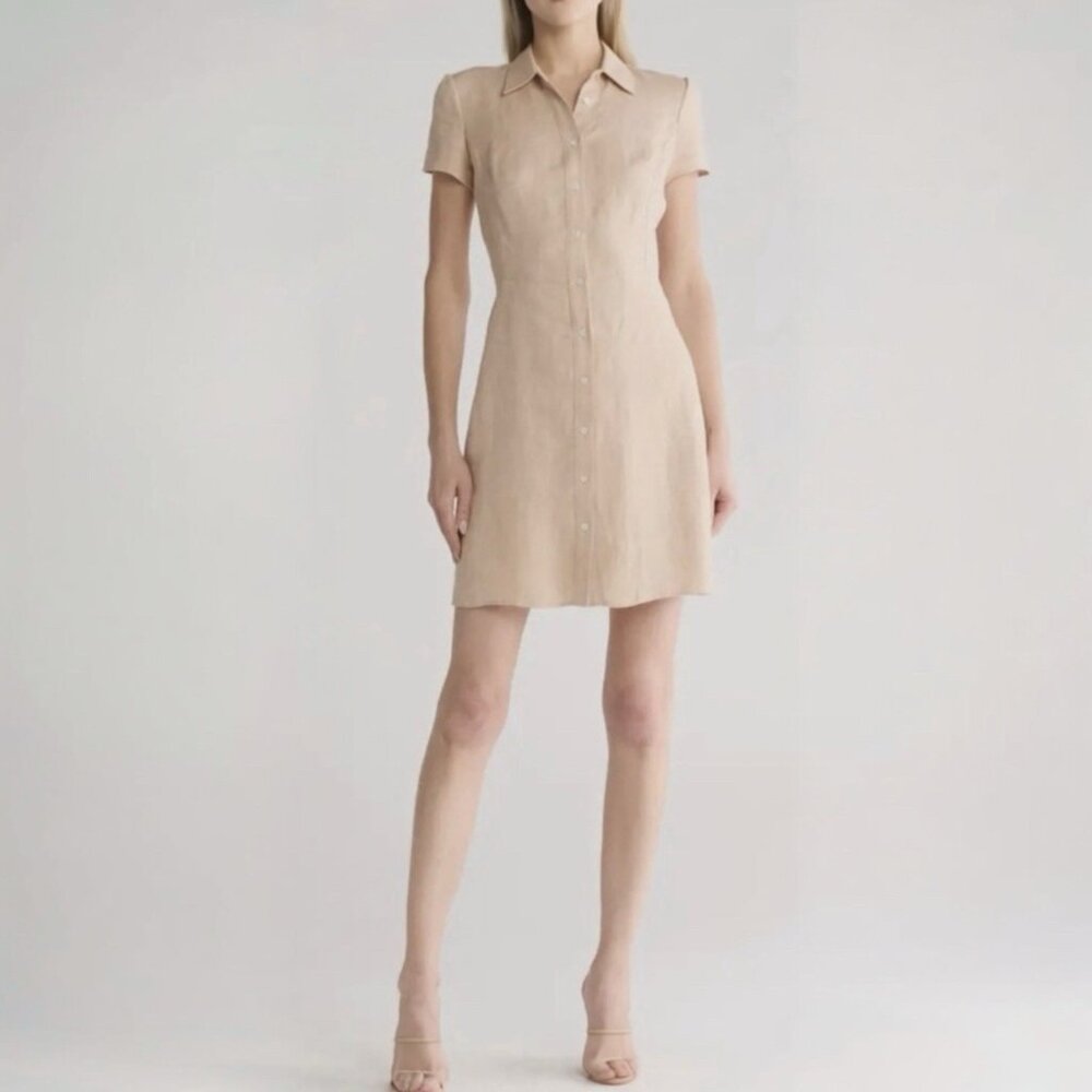 $375 Theory Herringbone Linen Blend Mini Shirt Dress Womens 8 Short Sleeve